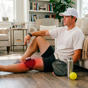 Pickleball recovery setup with water, towel, paddle, rest, and a red light therapy panel nearby