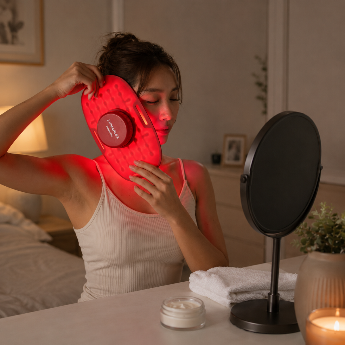  Person using red light therapy as one part of a regular skincare routine at home