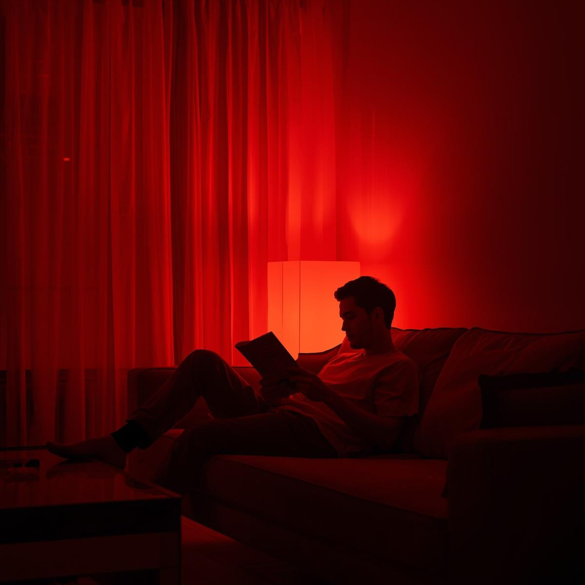 Adult enjoying self-care under layered red and near-infrared light, representing red light wavelengths and therapy benefits