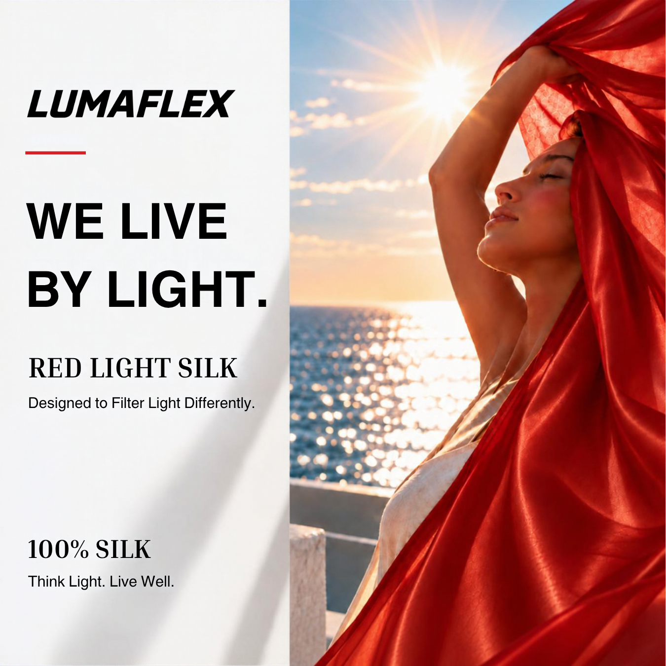 A woman outdoors by the ocean at sunset holds a flowing red silk fabric, with text on the left reading 'LUMAFLEX WE LIVE BY LIGHT. RED LIGHT SILK Designed to Filter Light Differently.