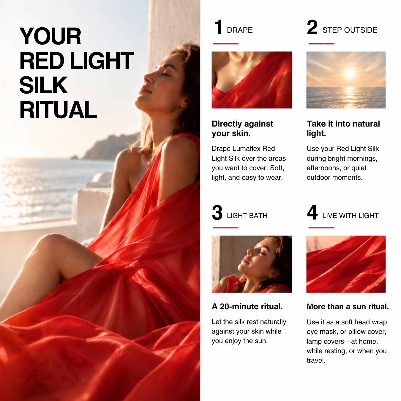Promotional graphic for a red light silk ritual, featuring a woman draped in flowing red silk against a sunlit outdoor background, with four numbered steps explaining how to use the silk. Text reads: 'YOUR RED LIGHT SILK RITUAL' and includes headings '1 DRAPE,' '2 STEP OUTSIDE,' '3 LIGHT BATH,' and '4 LIVE WITH LIGHT.