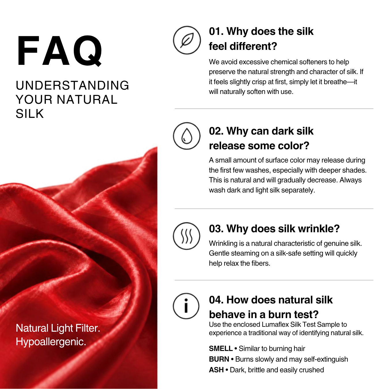 An informational FAQ graphic about natural silk, featuring four text panels with icons and a red silk fabric photo on a white background. The top left reads 'FAQ' and 'UNDERSTANDING YOUR NATURAL SILK'; the bottom left says 'Natural Silk Filter.