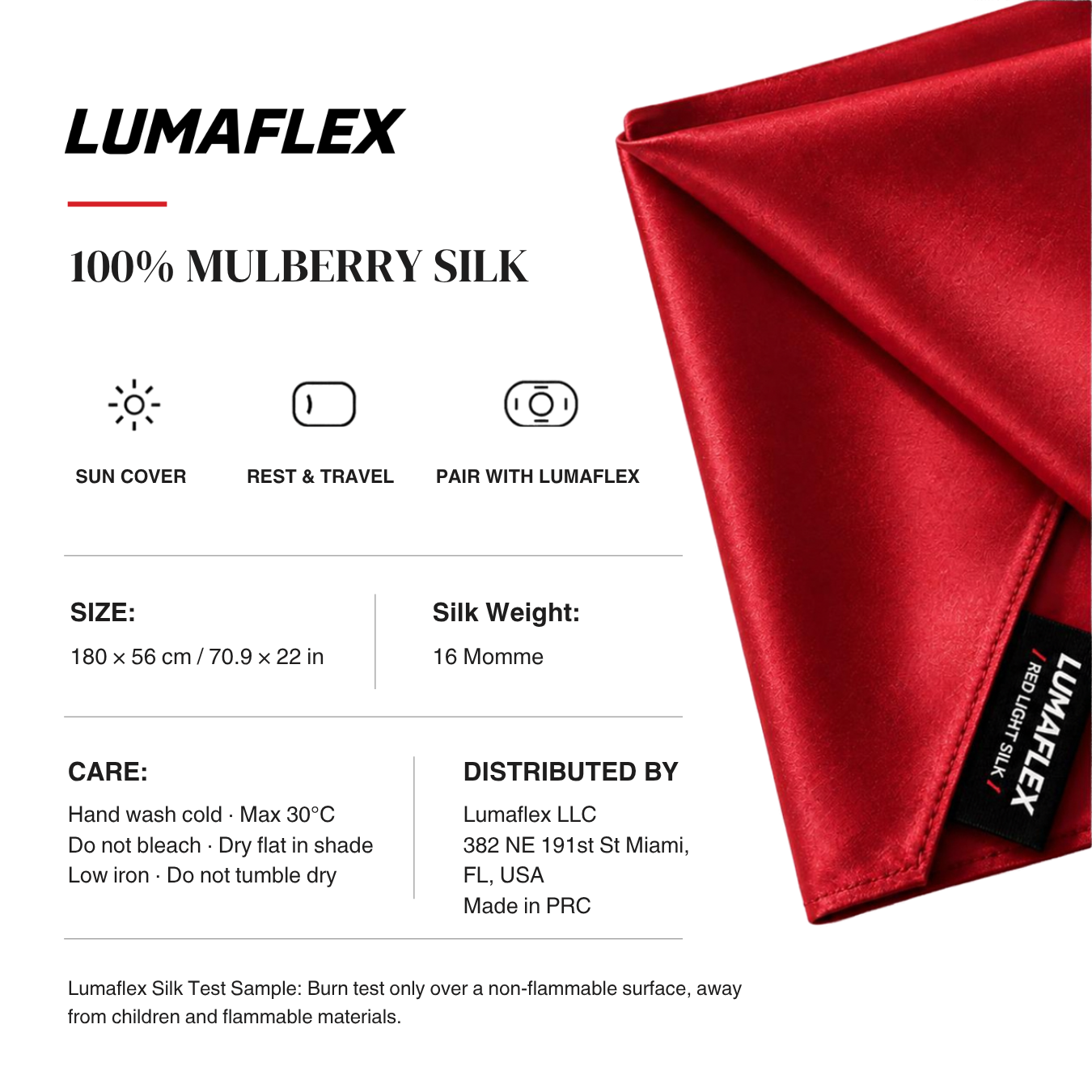 A red silk mulberry satin neck wrap or scarf from Lumaflex, shown folded on a white background with product specifications, care instructions, and branding.